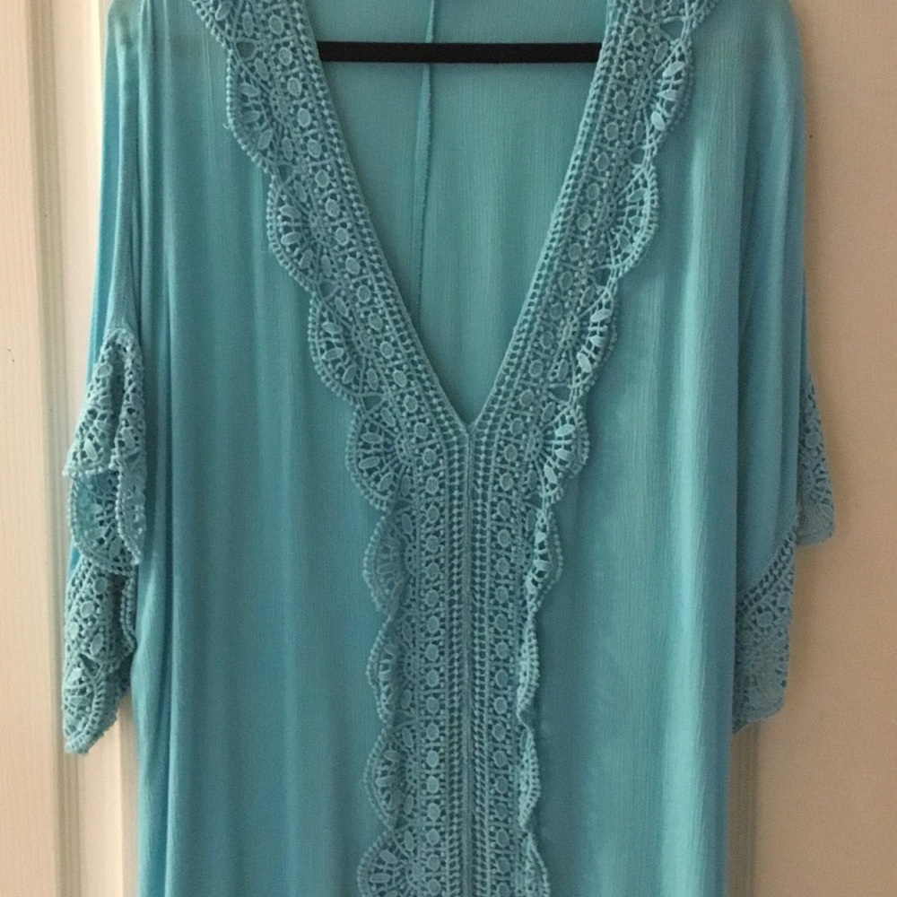 Elegant Blue Lace Trim Swim Coverup